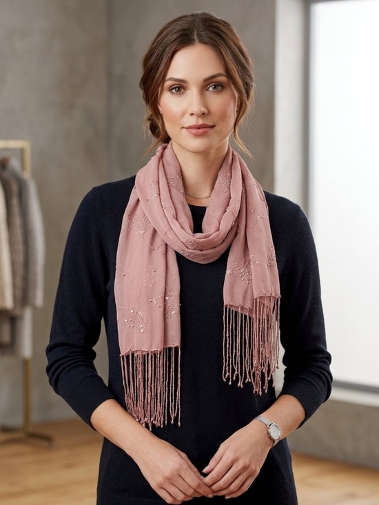 next Accessories - Pink sequined silk tasseled scarf